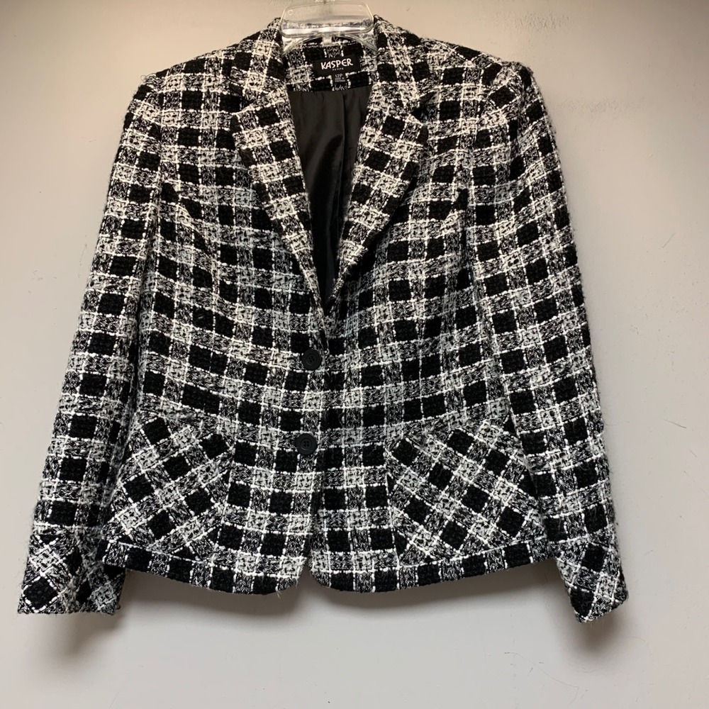Kasper Blazer Women 12P Black White Excellent Plaid Tweed Two Button Petite